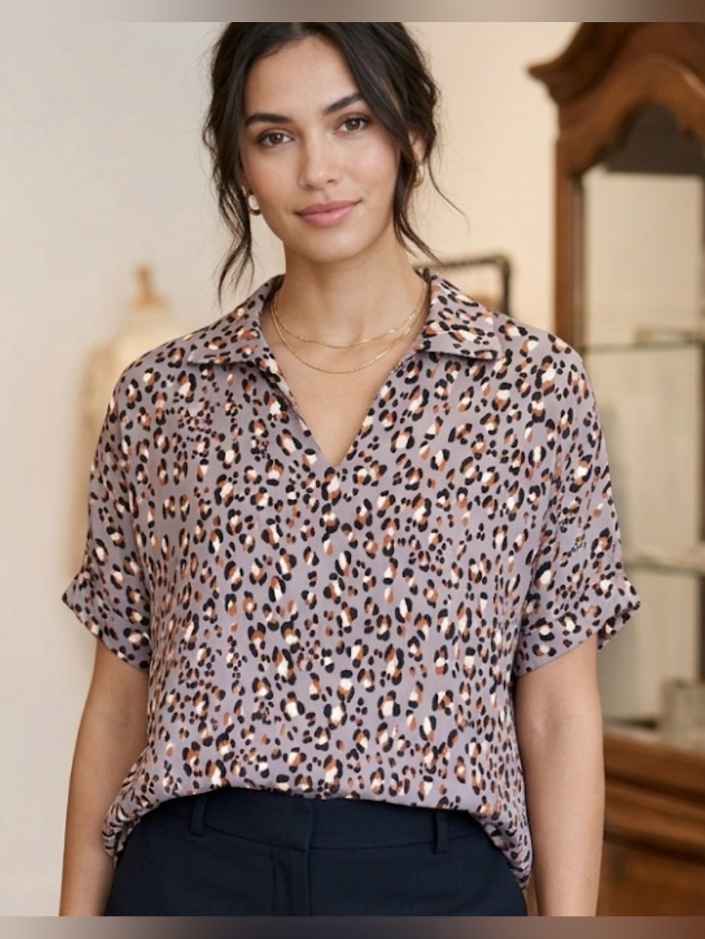 Karlie Leopard Print Short Sleeve Blouse